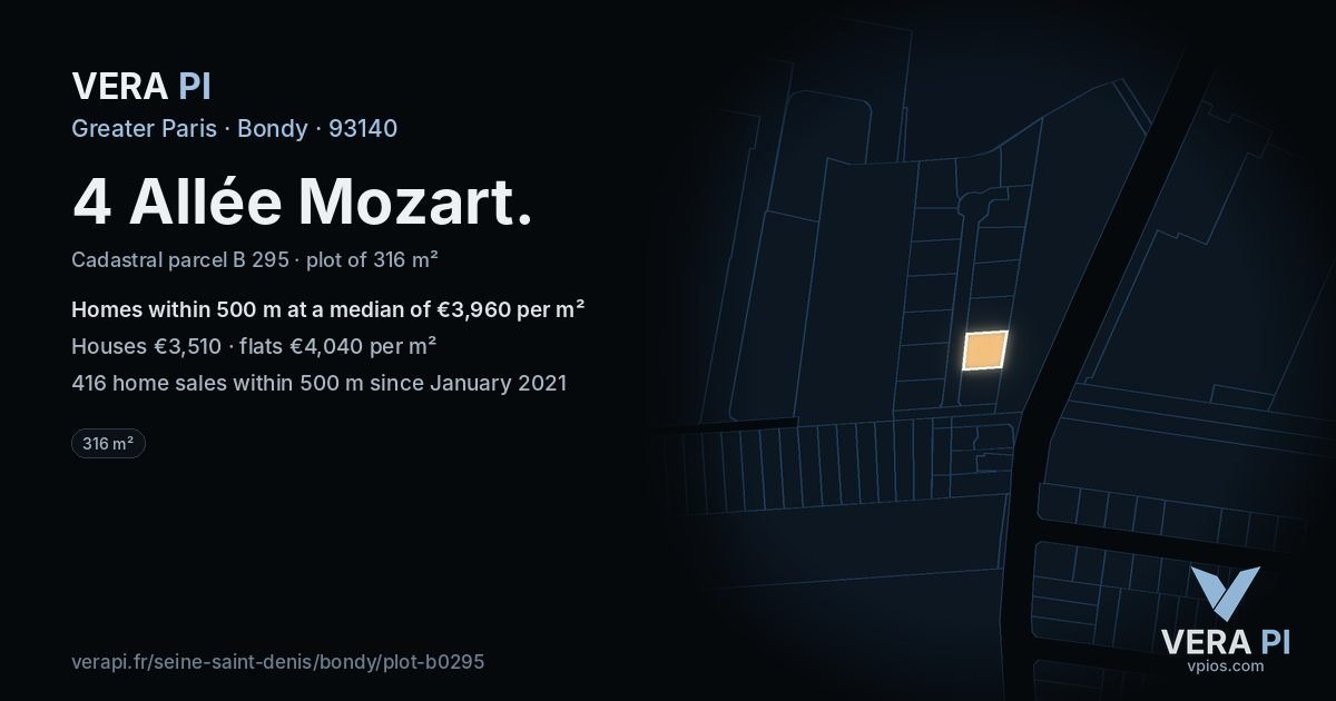 4 Allée Mozart, Bondy at night – the plot lit, the parcels around coloured by the prices near them