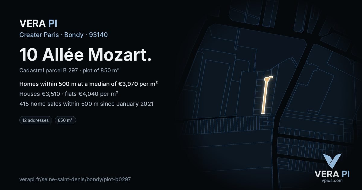 10 Allée Mozart, Bondy at night – the plot lit, the parcels around coloured by the prices near them