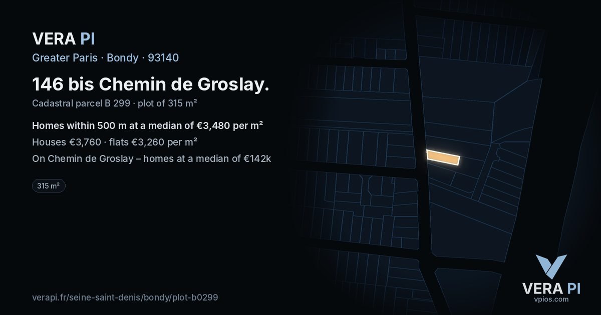 146 bis Chemin de Groslay, Bondy at night – the plot lit, the parcels around coloured by the prices near them