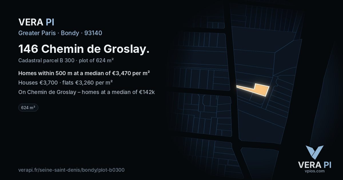 146 Chemin de Groslay, Bondy at night – the plot lit, the parcels around coloured by the prices near them