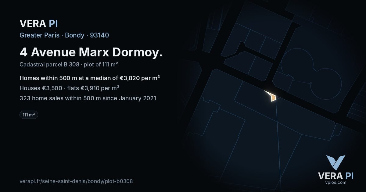 4 Avenue Marx Dormoy, Bondy at night – the plot lit, the parcels around coloured by the prices near them