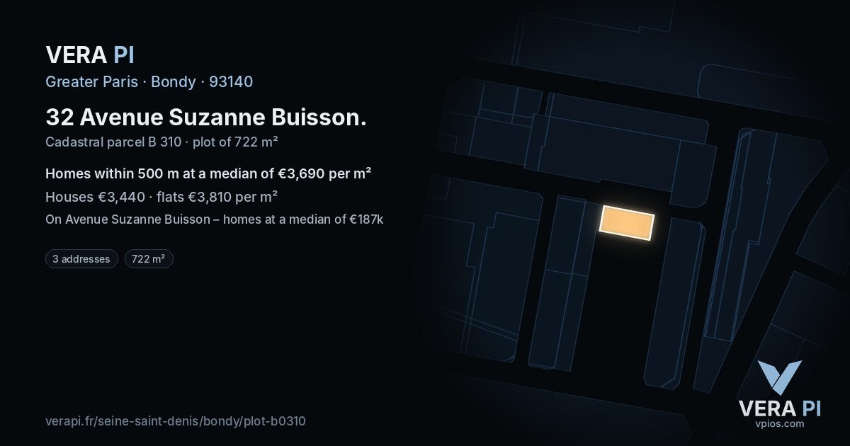 32 Avenue Suzanne Buisson, Bondy at night – the plot lit, the parcels around coloured by the prices near them