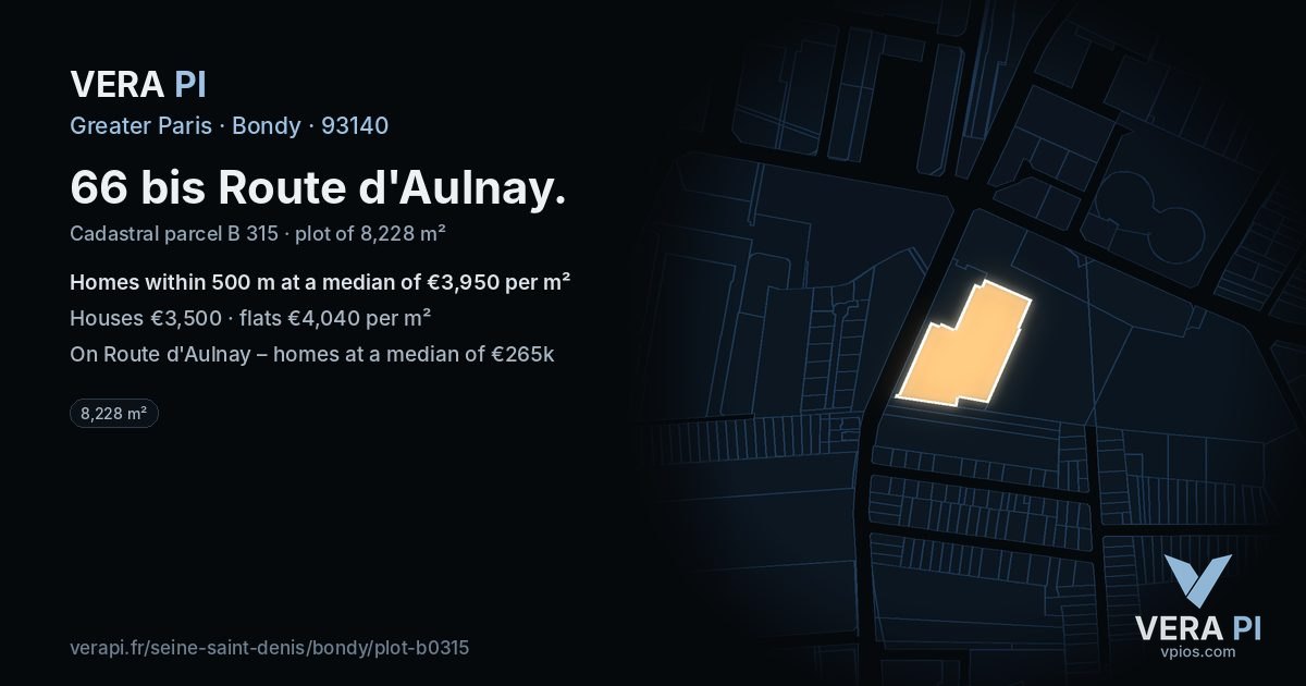 66 bis Route d'Aulnay, Bondy at night – the plot lit, the parcels around coloured by the prices near them