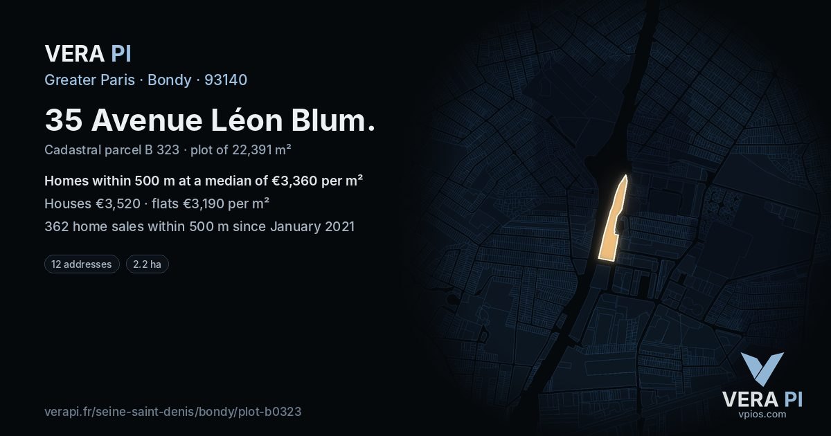 35 Avenue Léon Blum, Bondy at night – the plot lit, the parcels around coloured by the prices near them