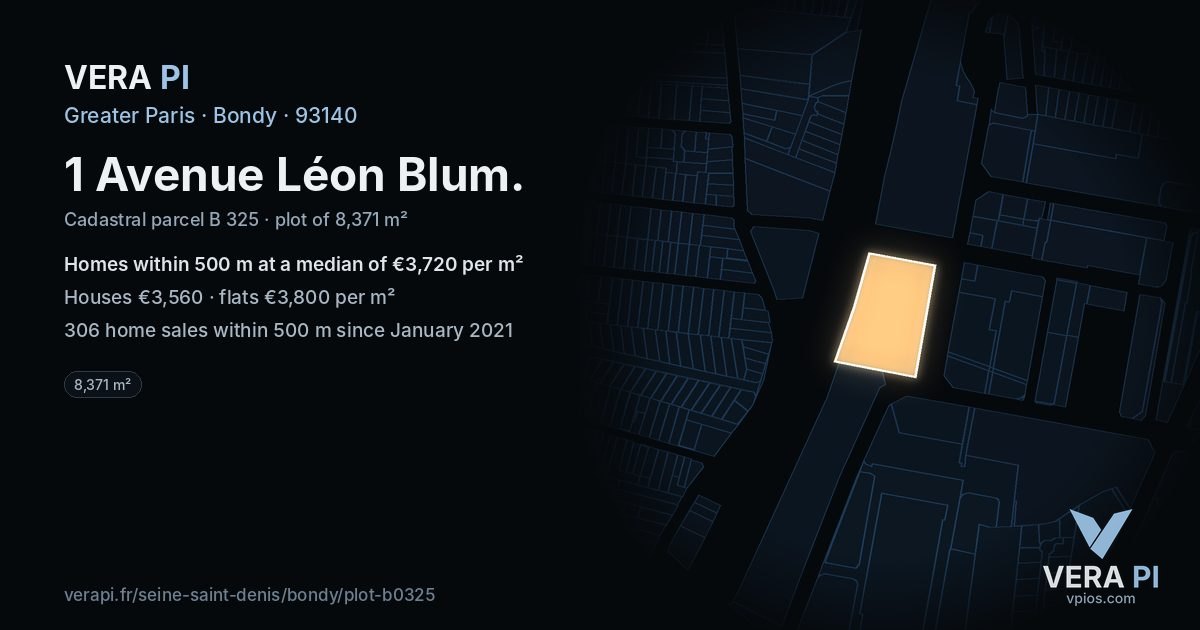 1 Avenue Léon Blum, Bondy at night – the plot lit, the parcels around coloured by the prices near them