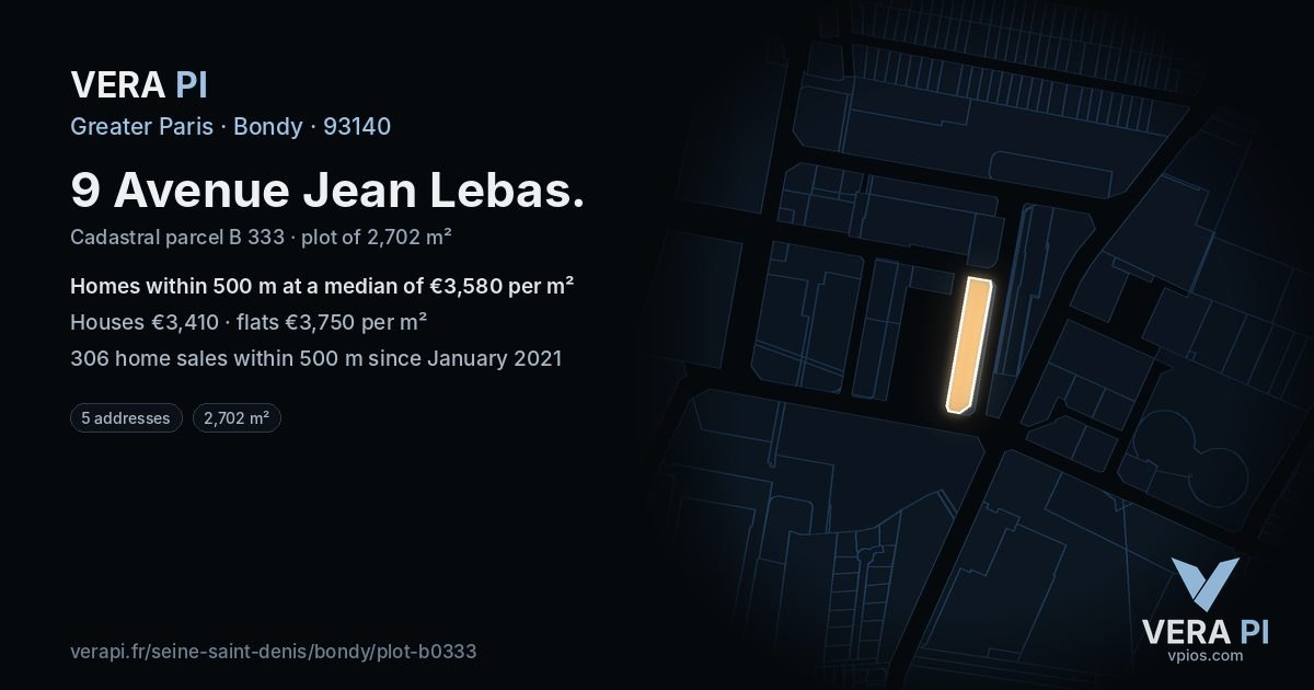 9 Avenue Jean Lebas, Bondy at night – the plot lit, the parcels around coloured by the prices near them