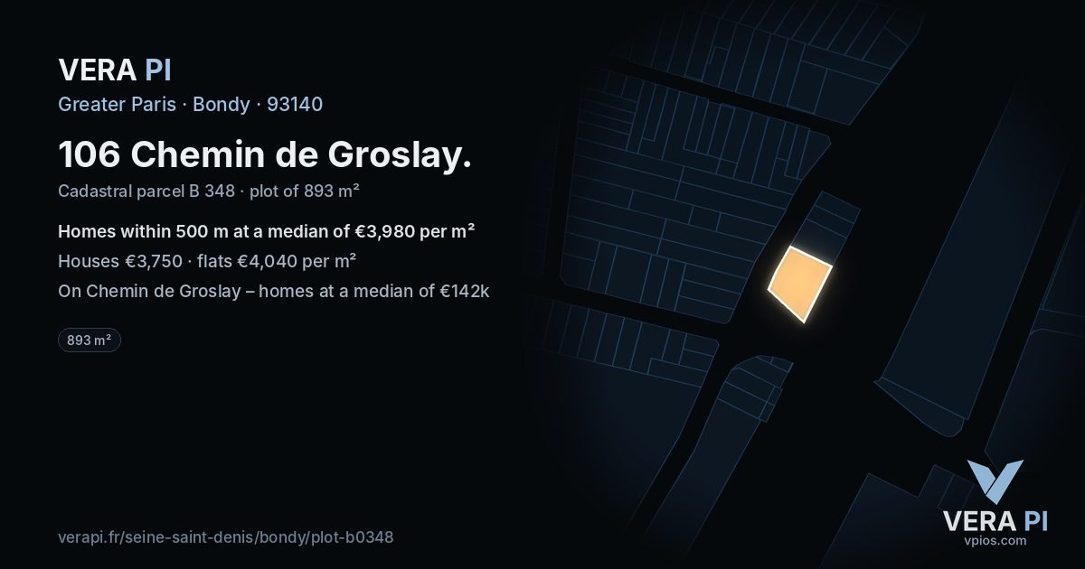 106 Chemin de Groslay, Bondy at night – the plot lit, the parcels around coloured by the prices near them
