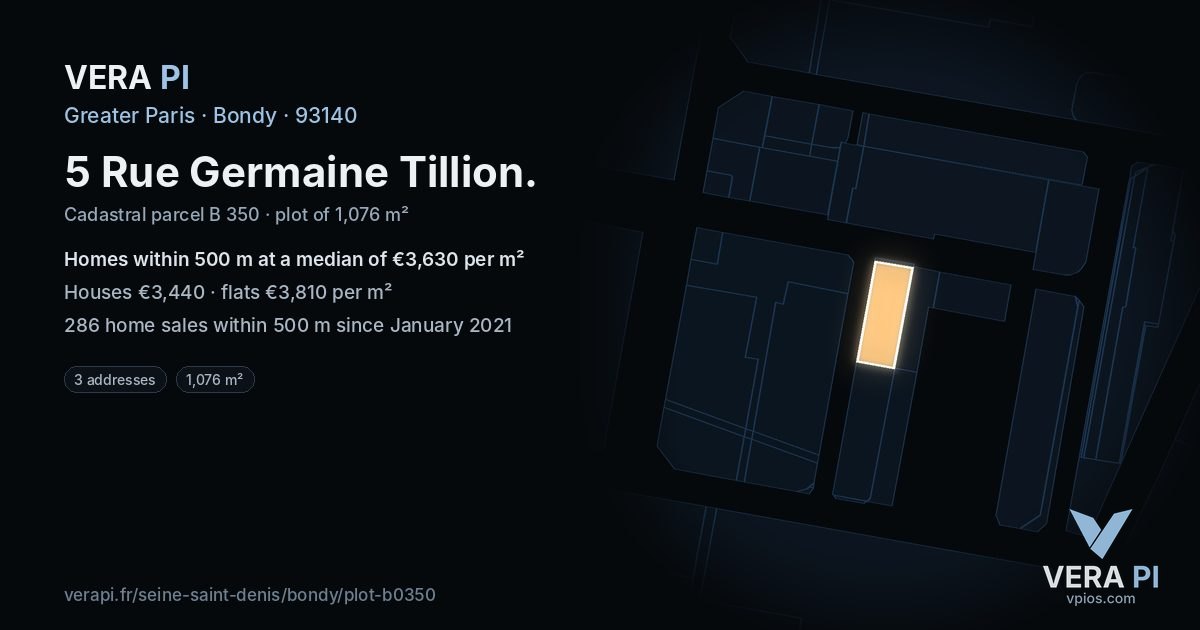 5 Rue Germaine Tillion, Bondy at night – the plot lit, the parcels around coloured by the prices near them