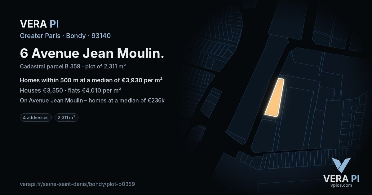 6 Avenue Jean Moulin, Bondy at night – the plot lit, the parcels around coloured by the prices near them