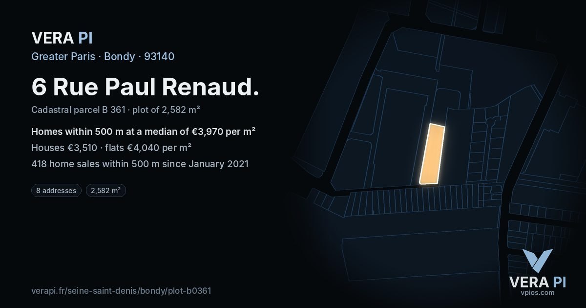 6 Rue Paul Renaud, Bondy at night – the plot lit, the parcels around coloured by the prices near them