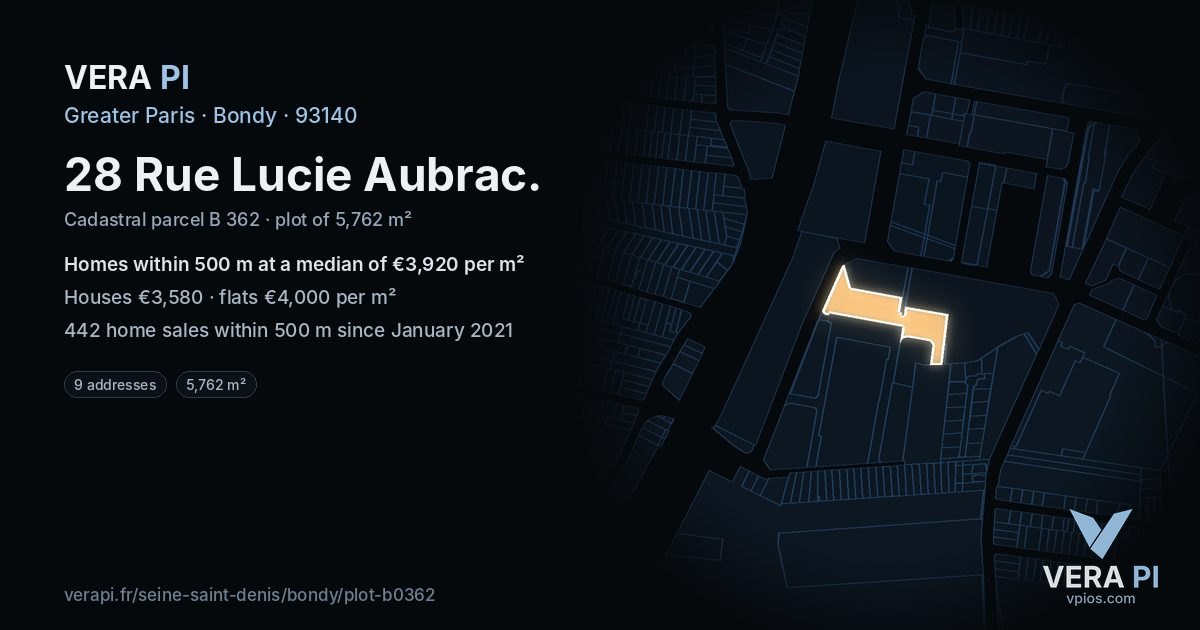 28 Rue Lucie Aubrac, Bondy at night – the plot lit, the parcels around coloured by the prices near them