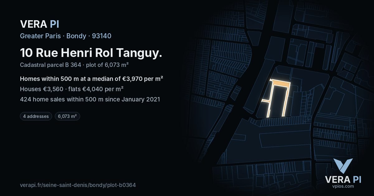 10 Rue Henri Rol Tanguy, Bondy at night – the plot lit, the parcels around coloured by the prices near them