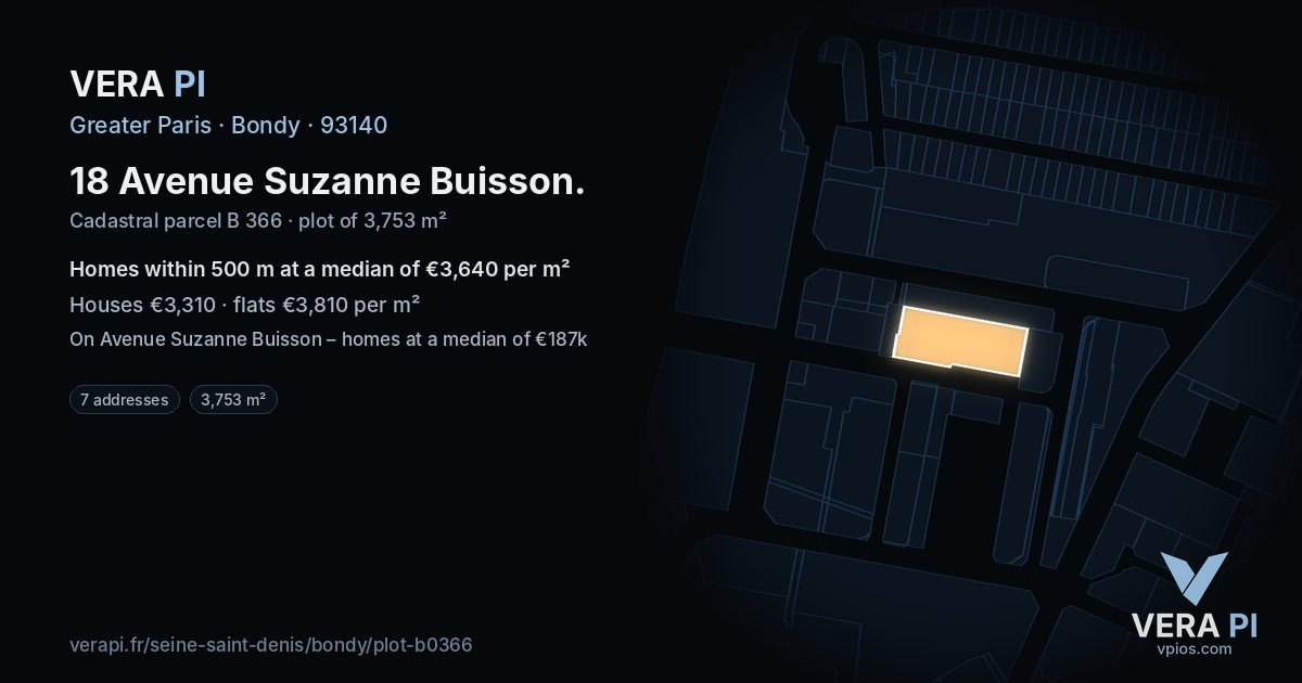 18 Avenue Suzanne Buisson, Bondy at night – the plot lit, the parcels around coloured by the prices near them