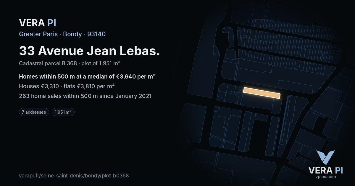 33 Avenue Jean Lebas, Bondy at night – the plot lit, the parcels around coloured by the prices near them