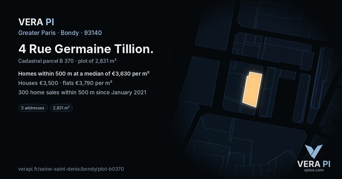 4 Rue Germaine Tillion, Bondy at night – the plot lit, the parcels around coloured by the prices near them