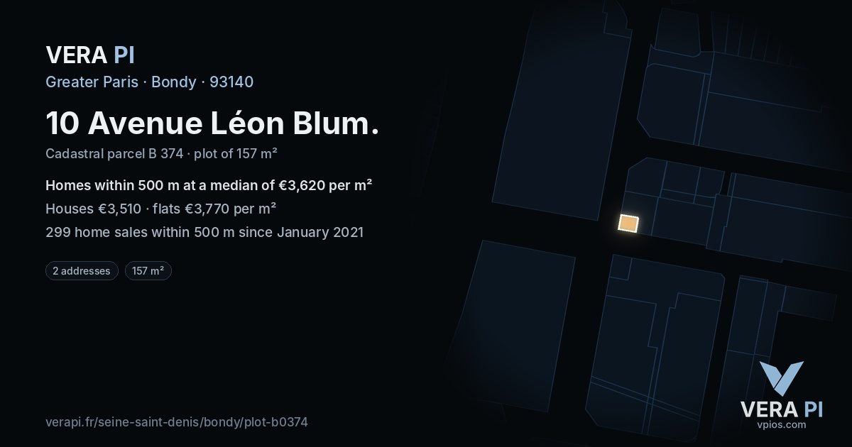 10 Avenue Léon Blum, Bondy at night – the plot lit, the parcels around coloured by the prices near them