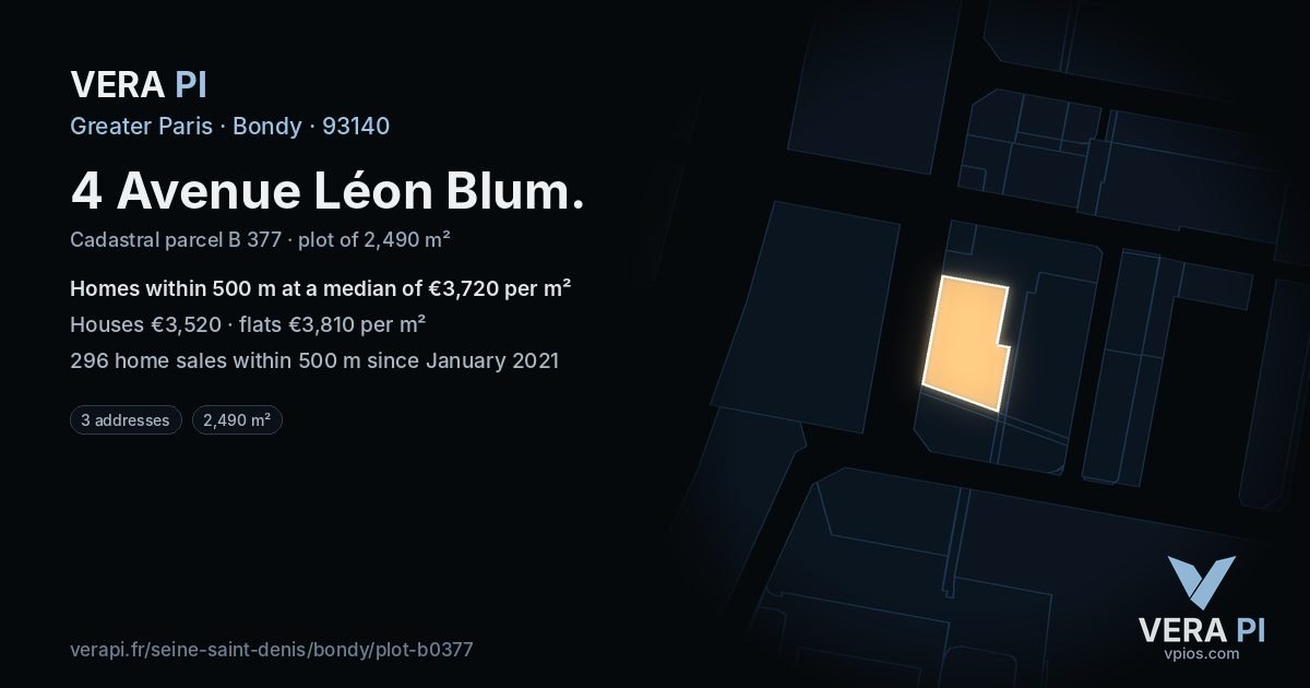 4 Avenue Léon Blum, Bondy at night – the plot lit, the parcels around coloured by the prices near them