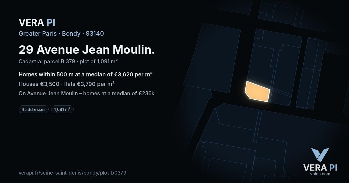 29 Avenue Jean Moulin, Bondy at night – the plot lit, the parcels around coloured by the prices near them