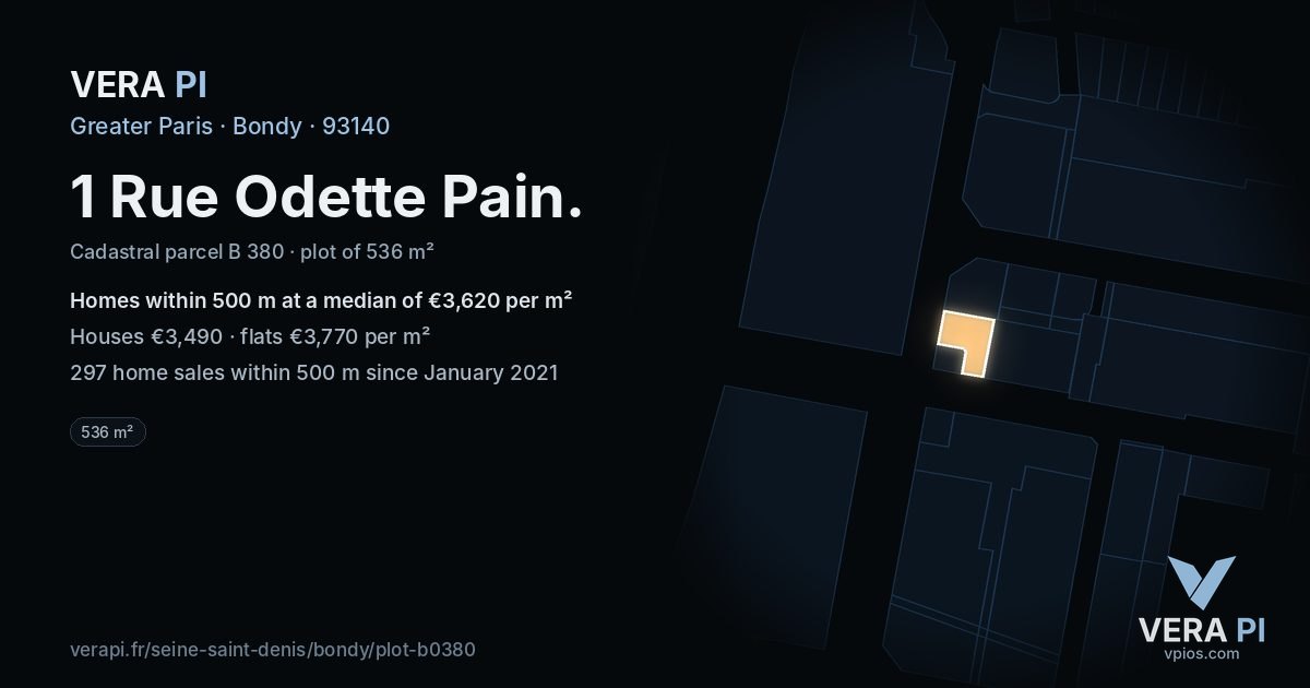 1 Rue Odette Pain, Bondy at night – the plot lit, the parcels around coloured by the prices near them