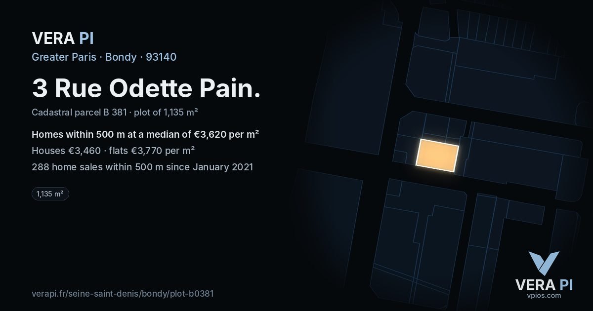 3 Rue Odette Pain, Bondy at night – the plot lit, the parcels around coloured by the prices near them