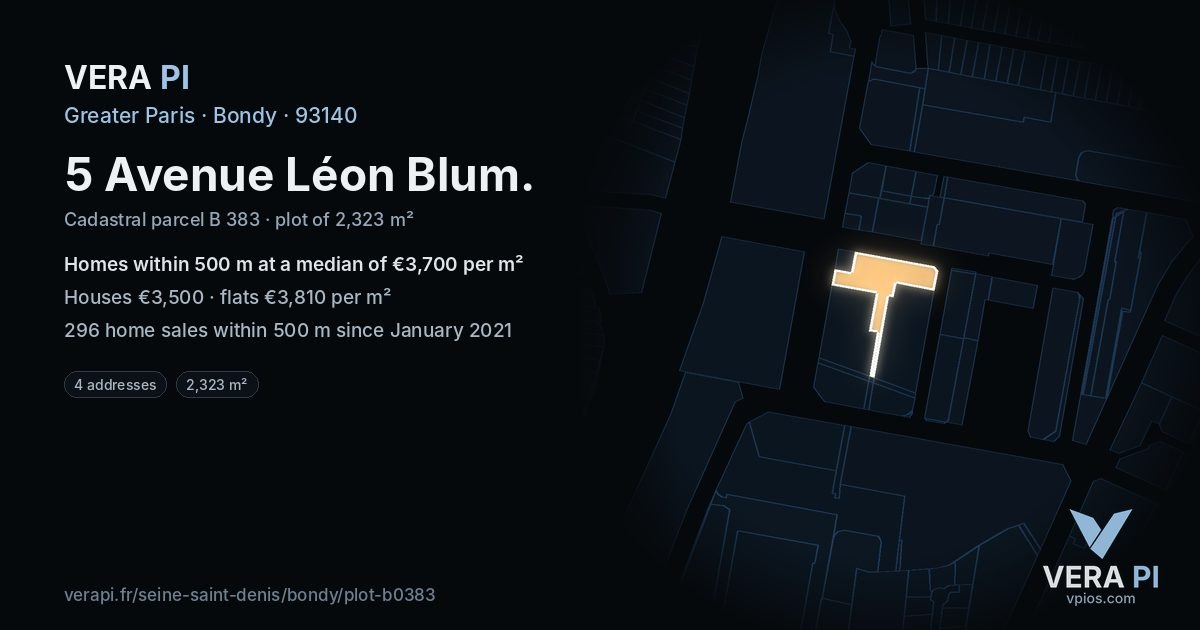 5 Avenue Léon Blum, Bondy at night – the plot lit, the parcels around coloured by the prices near them