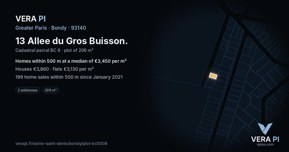 13 Allee du Gros Buisson, Bondy at night – the plot lit, the parcels around coloured by the prices near them