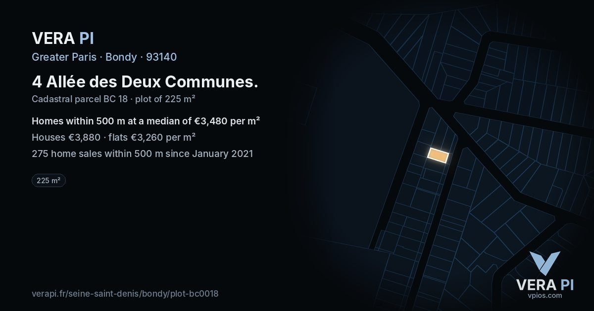 4 Allée des Deux Communes, Bondy at night – the plot lit, the parcels around coloured by the prices near them