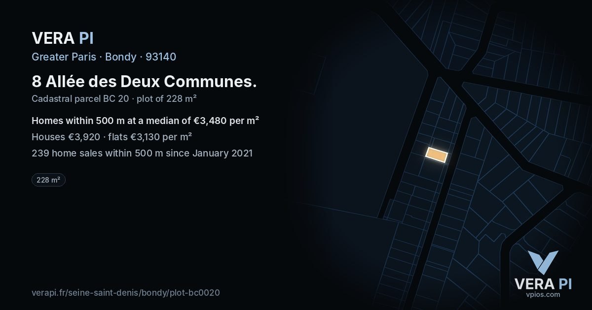 8 Allée des Deux Communes, Bondy at night – the plot lit, the parcels around coloured by the prices near them