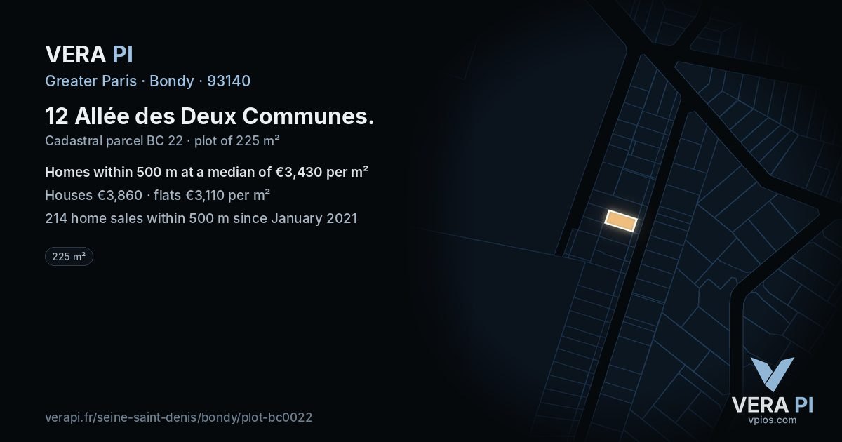 12 Allée des Deux Communes, Bondy at night – the plot lit, the parcels around coloured by the prices near them