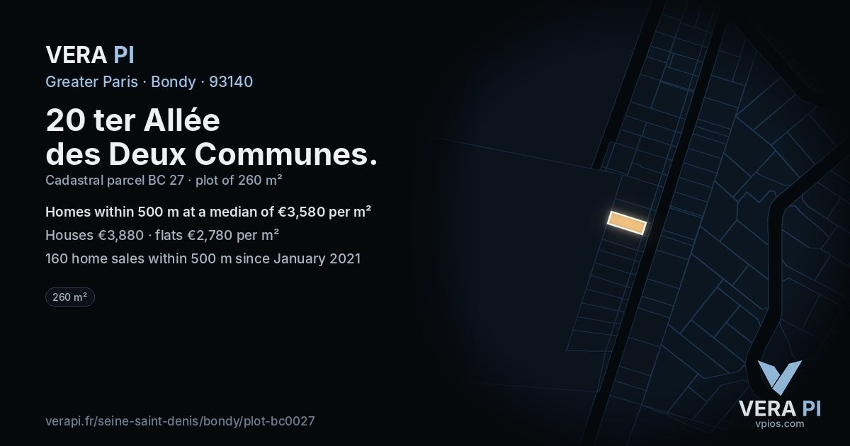 20 ter Allée des Deux Communes, Bondy at night – the plot lit, the parcels around coloured by the prices near them