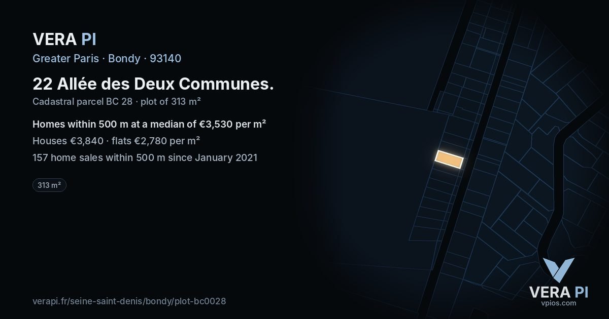 22 Allée des Deux Communes, Bondy at night – the plot lit, the parcels around coloured by the prices near them
