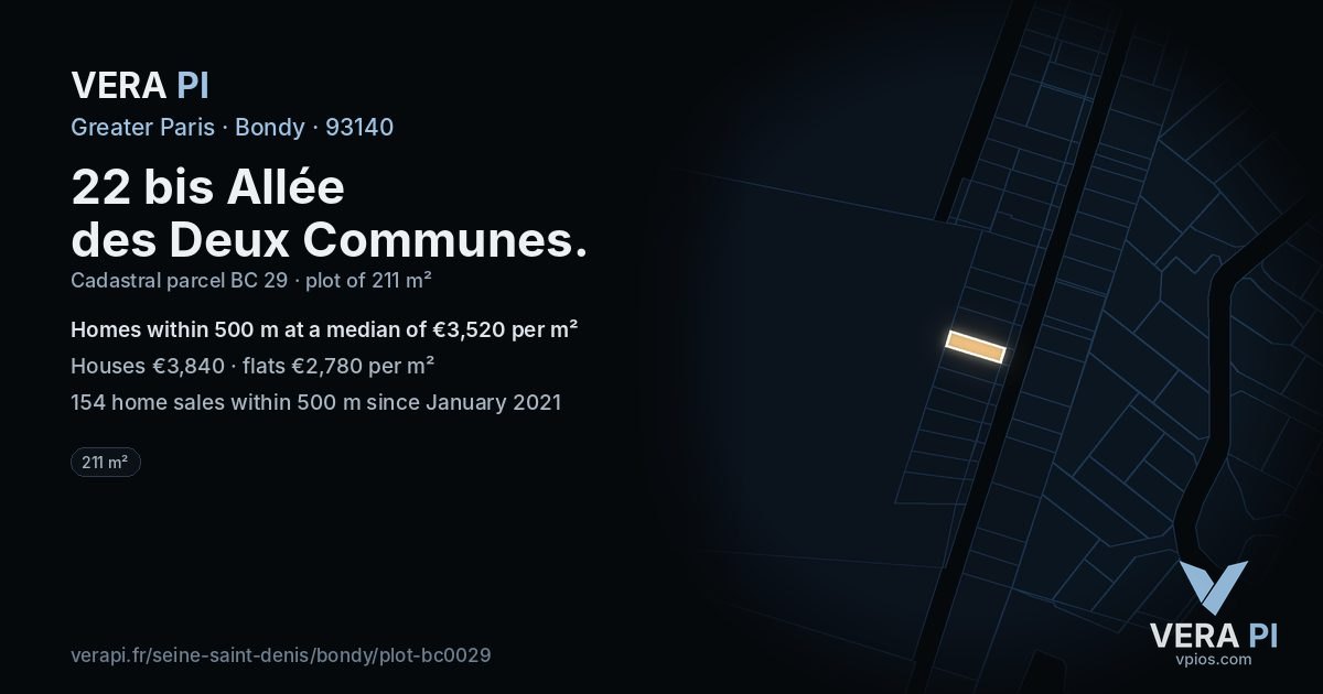 22 bis Allée des Deux Communes, Bondy at night – the plot lit, the parcels around coloured by the prices near them