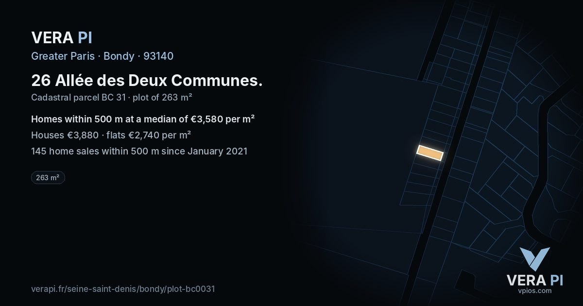 26 Allée des Deux Communes, Bondy at night – the plot lit, the parcels around coloured by the prices near them