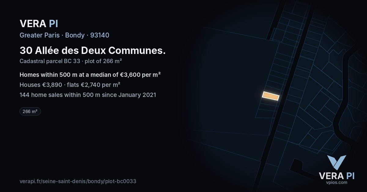 30 Allée des Deux Communes, Bondy at night – the plot lit, the parcels around coloured by the prices near them