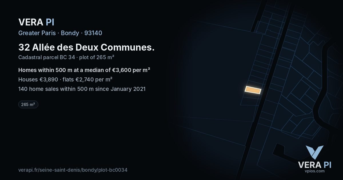32 Allée des Deux Communes, Bondy at night – the plot lit, the parcels around coloured by the prices near them
