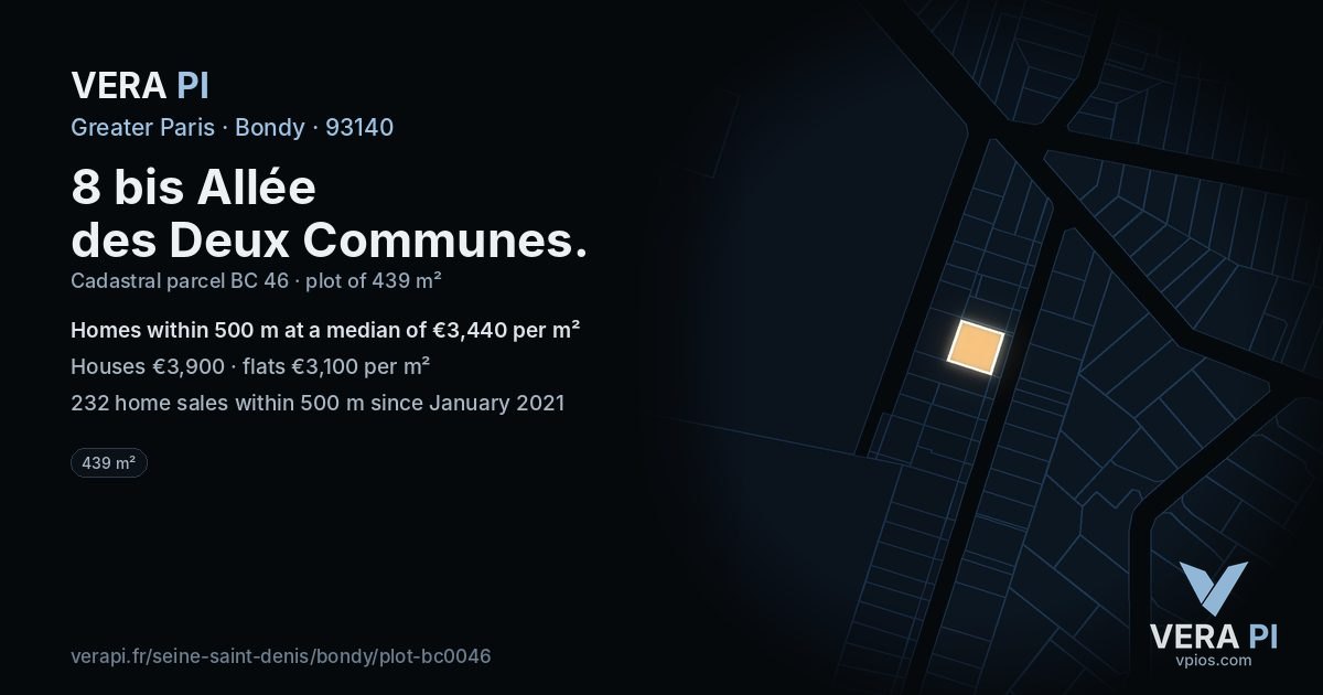 8 bis Allée des Deux Communes, Bondy at night – the plot lit, the parcels around coloured by the prices near them