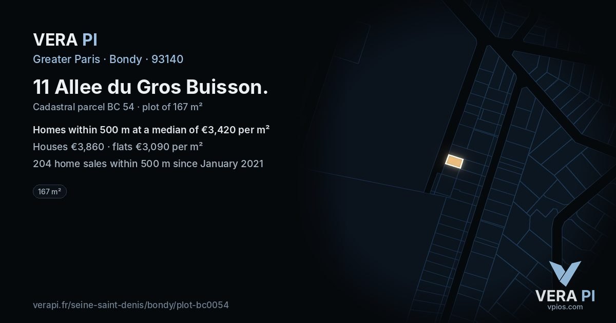 11 Allee du Gros Buisson, Bondy at night – the plot lit, the parcels around coloured by the prices near them