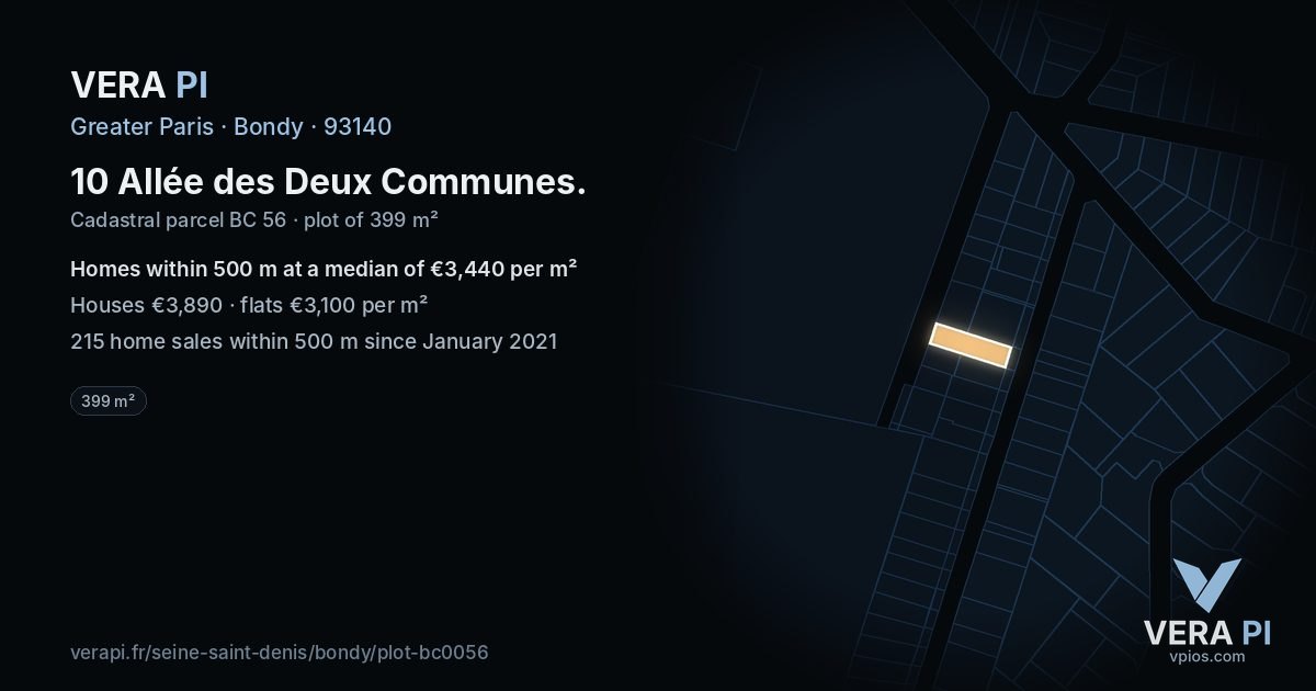 10 Allée des Deux Communes, Bondy at night – the plot lit, the parcels around coloured by the prices near them