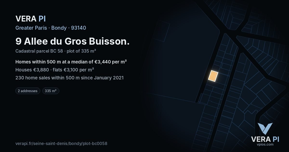 9 Allee du Gros Buisson, Bondy at night – the plot lit, the parcels around coloured by the prices near them