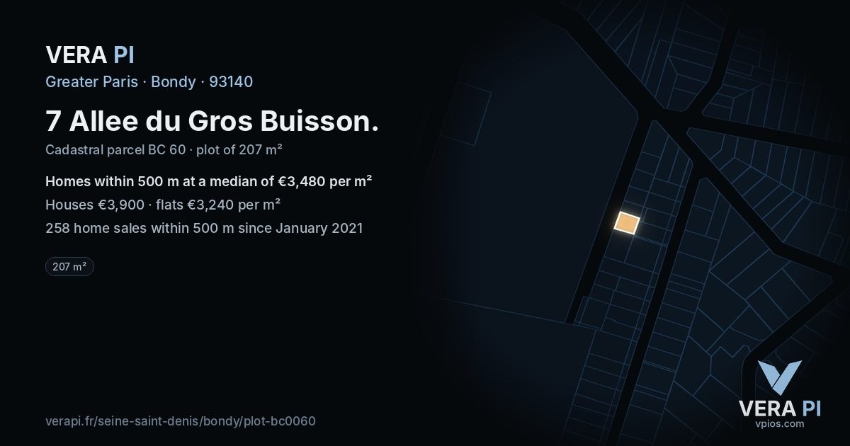 7 Allee du Gros Buisson, Bondy at night – the plot lit, the parcels around coloured by the prices near them