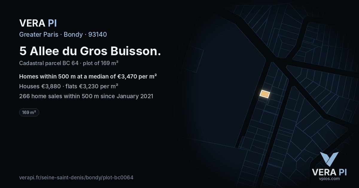 5 Allee du Gros Buisson, Bondy at night – the plot lit, the parcels around coloured by the prices near them