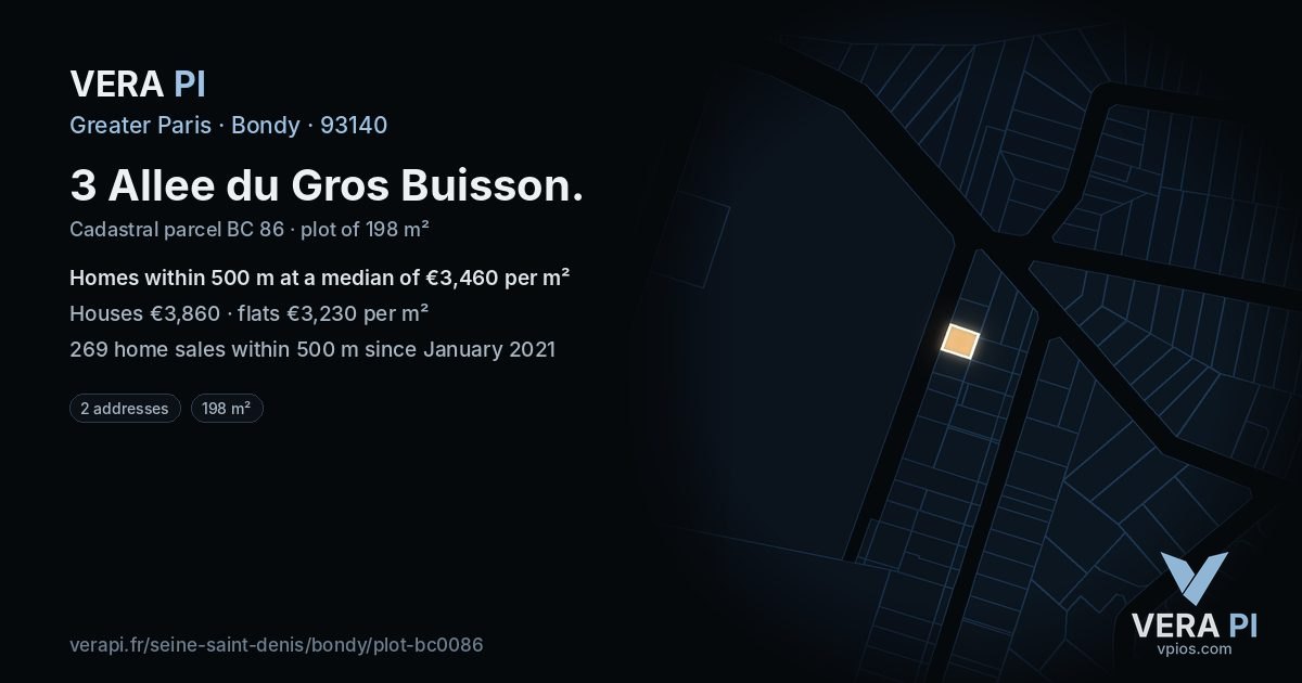 3 Allee du Gros Buisson, Bondy at night – the plot lit, the parcels around coloured by the prices near them