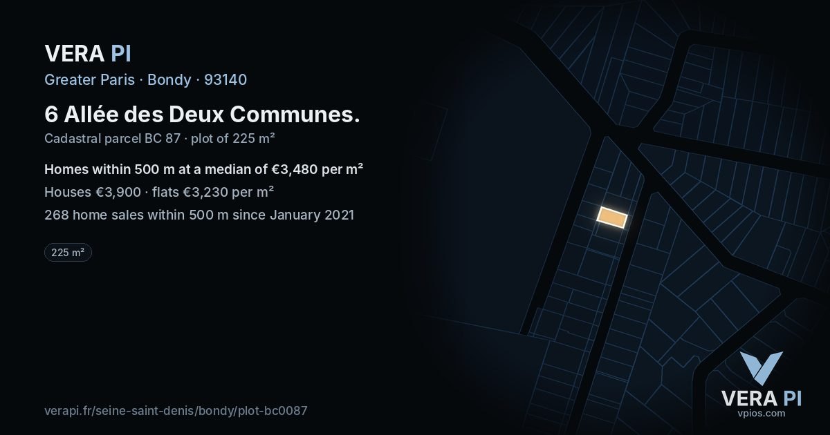 6 Allée des Deux Communes, Bondy at night – the plot lit, the parcels around coloured by the prices near them