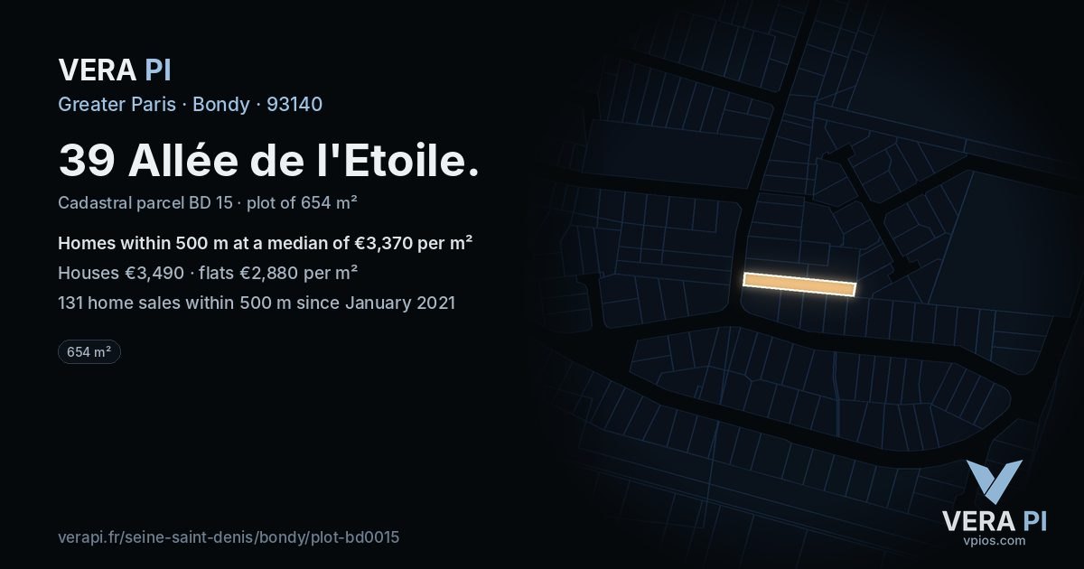 39 Allée de l'Etoile, Bondy at night – the plot lit, the parcels around coloured by the prices near them