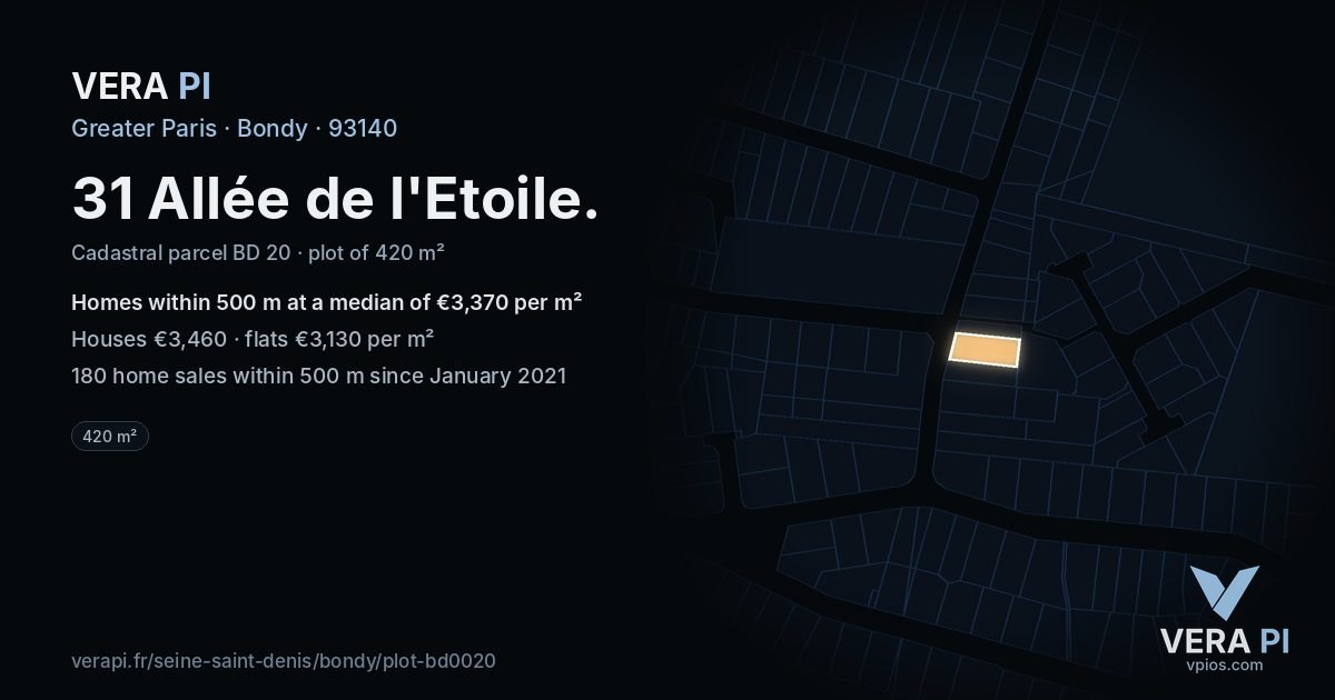 31 Allée de l'Etoile, Bondy at night – the plot lit, the parcels around coloured by the prices near them