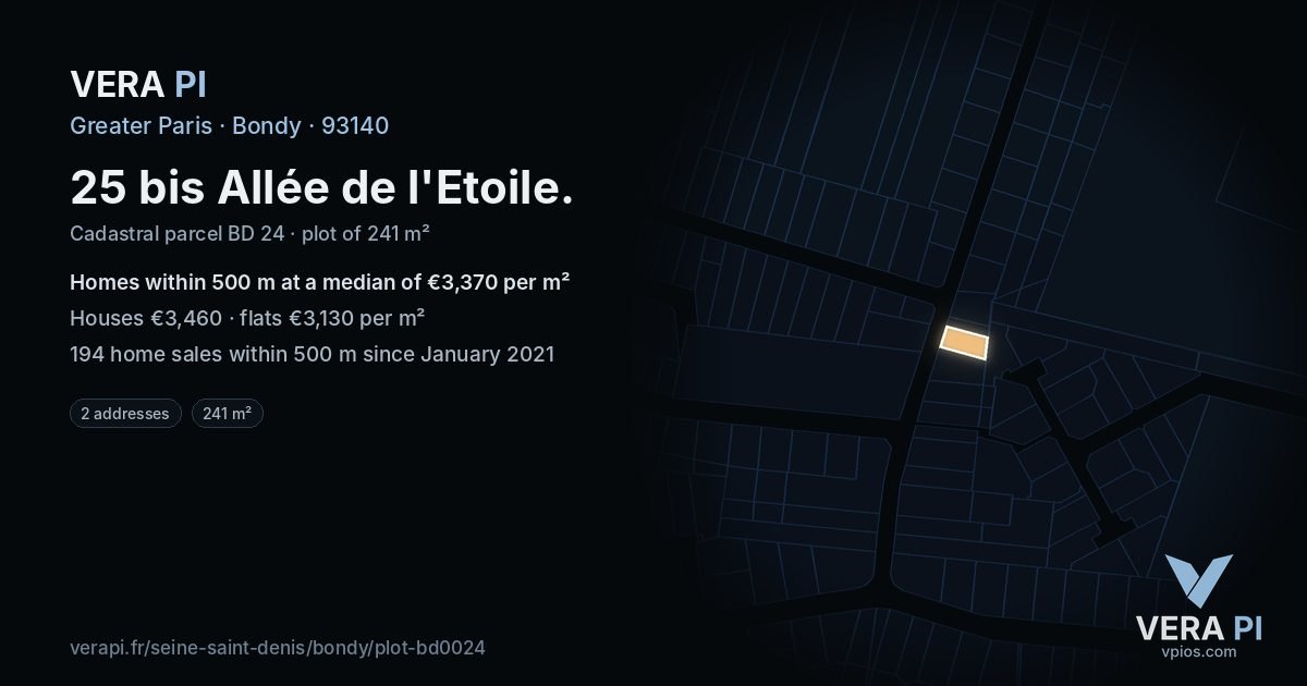 25 bis Allée de l'Etoile, Bondy at night – the plot lit, the parcels around coloured by the prices near them