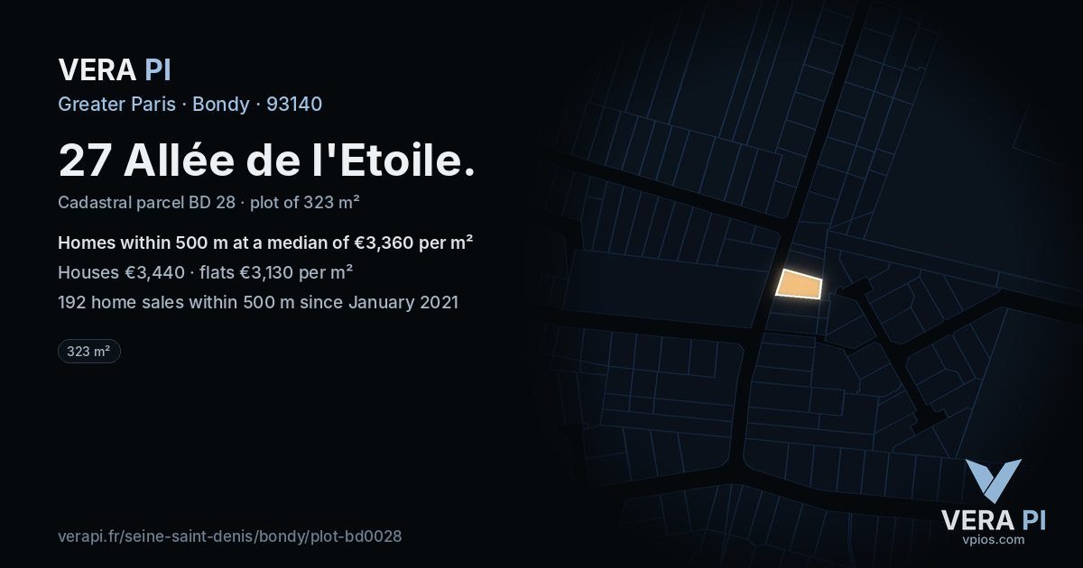 27 Allée de l'Etoile, Bondy at night – the plot lit, the parcels around coloured by the prices near them