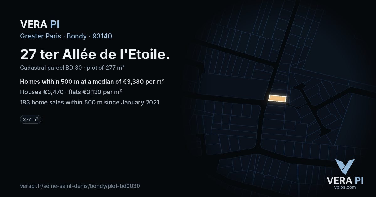 27 ter Allée de l'Etoile, Bondy at night – the plot lit, the parcels around coloured by the prices near them