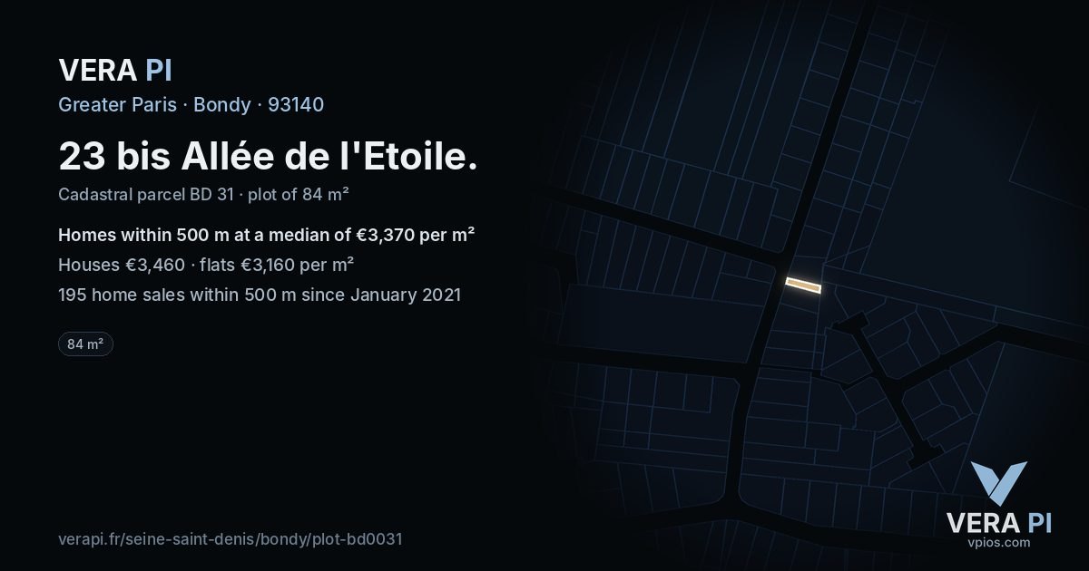 23 bis Allée de l'Etoile, Bondy at night – the plot lit, the parcels around coloured by the prices near them