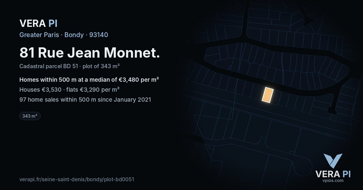 81 Rue Jean Monnet, Bondy at night – the plot lit, the parcels around coloured by the prices near them